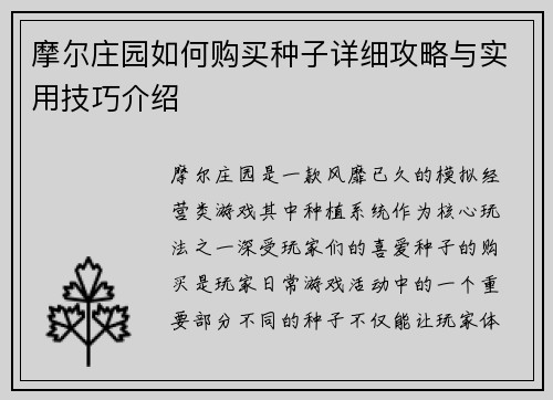 摩尔庄园如何购买种子详细攻略与实用技巧介绍